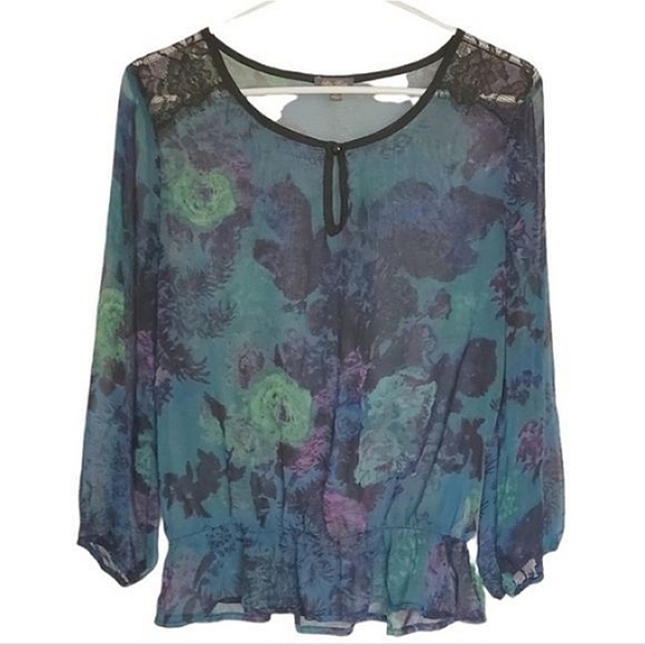 1201 * Lily Rose Floral Sheer Blouse Blue Green Size L - Picture 1 of 10